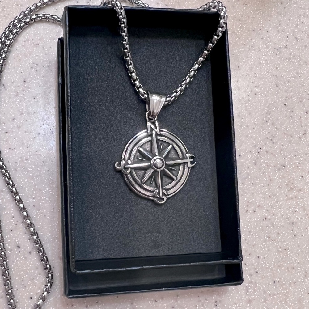 Stainless Steel Compass Medallion Necklace